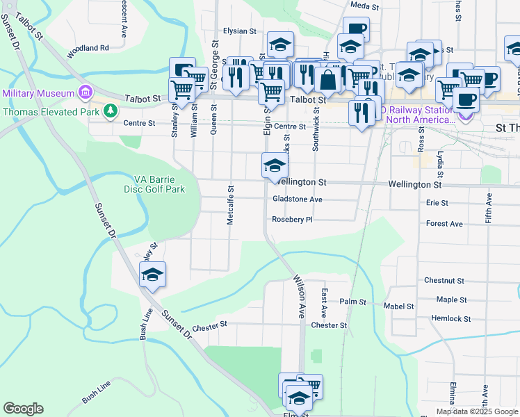 map of restaurants, bars, coffee shops, grocery stores, and more near 86 Elgin Street in Saint Thomas