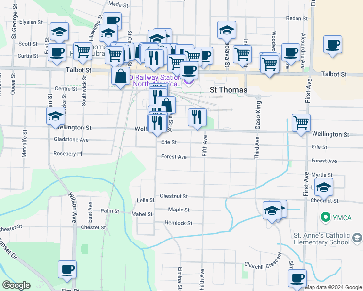 map of restaurants, bars, coffee shops, grocery stores, and more near 25 Erie Street in St. Thomas