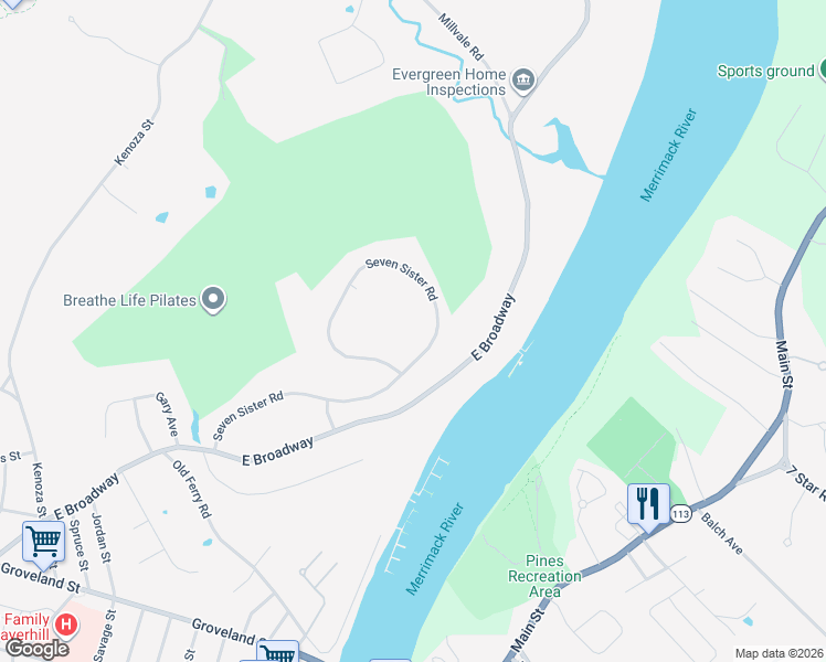 map of restaurants, bars, coffee shops, grocery stores, and more near 54 7 Sister Road in Haverhill
