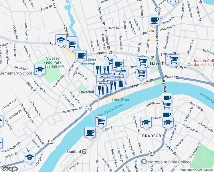map of restaurants, bars, coffee shops, grocery stores, and more near 45 Wingate Street in Haverhill