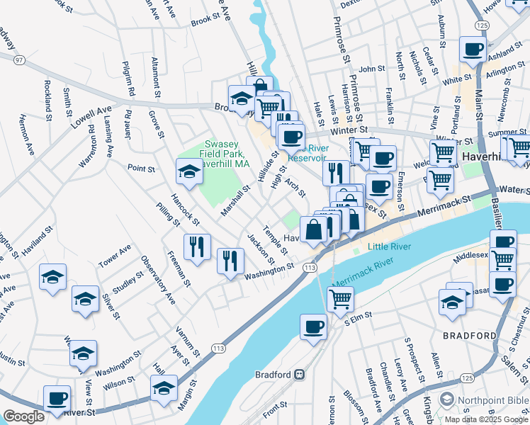 map of restaurants, bars, coffee shops, grocery stores, and more near 71 High Street in Haverhill