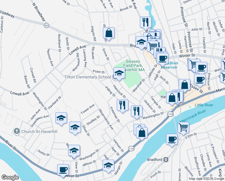 map of restaurants, bars, coffee shops, grocery stores, and more near 17 Boston Street in Haverhill