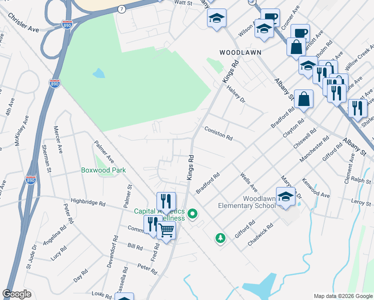 map of restaurants, bars, coffee shops, grocery stores, and more near 456 Kings Road in Schenectady