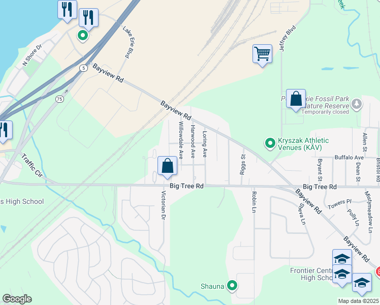 map of restaurants, bars, coffee shops, grocery stores, and more near 4075 Harwood Avenue in Buffalo