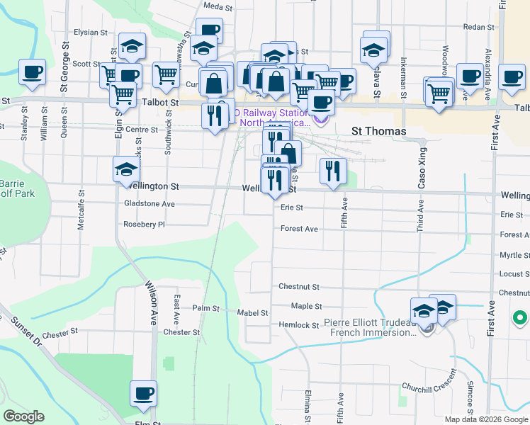 map of restaurants, bars, coffee shops, grocery stores, and more near 17 McIntyre Street in Saint Thomas