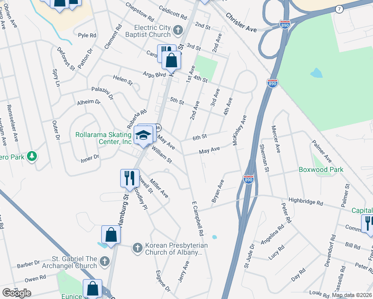 map of restaurants, bars, coffee shops, grocery stores, and more near 255 East Campbell Road in Schenectady