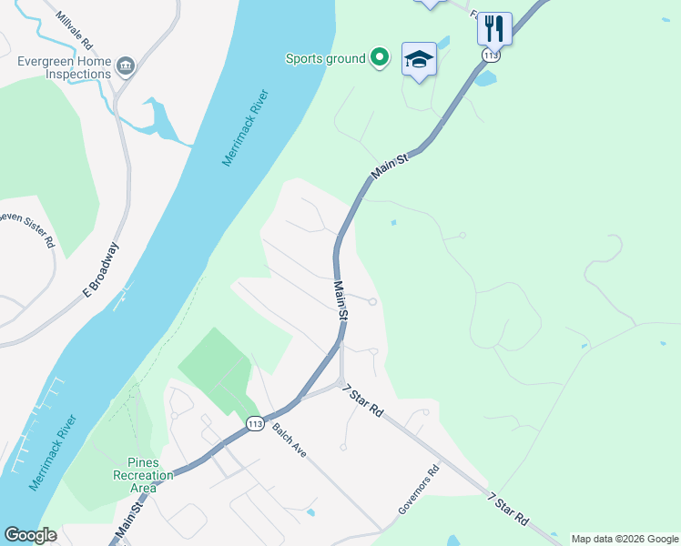 map of restaurants, bars, coffee shops, grocery stores, and more near 90 Massachusetts 113 in Groveland
