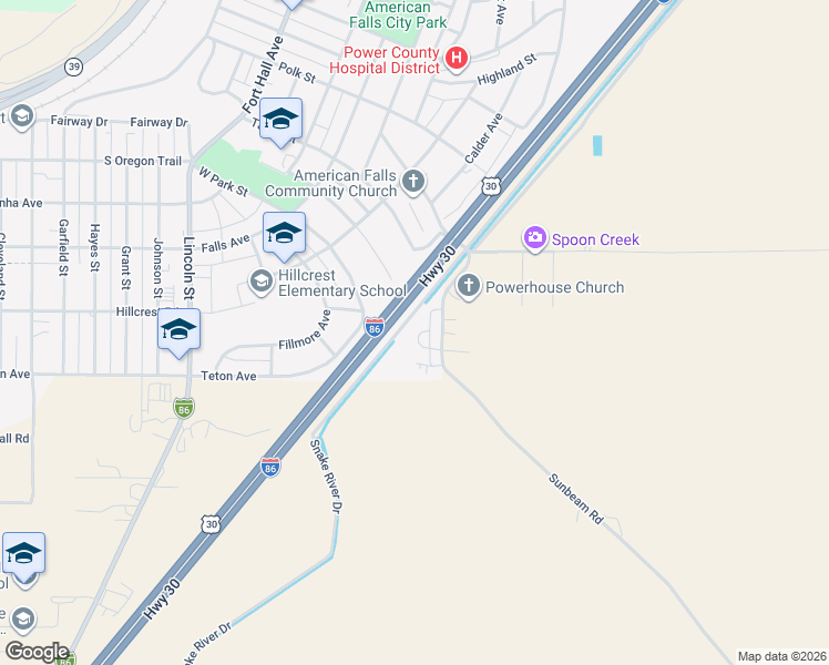 map of restaurants, bars, coffee shops, grocery stores, and more near U.S. 30 in American Falls