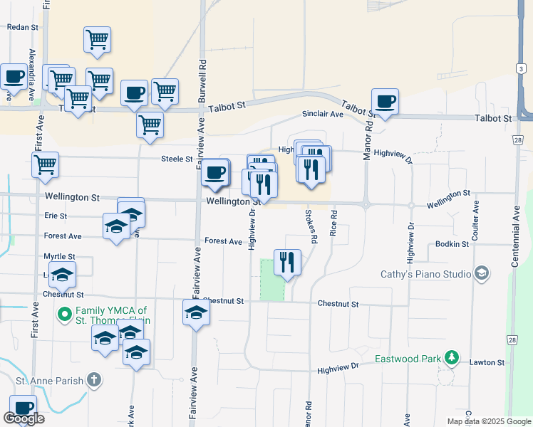 map of restaurants, bars, coffee shops, grocery stores, and more near 420 Wellington Street in St. Thomas