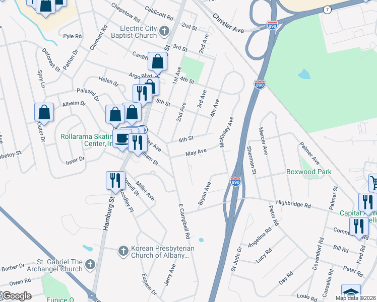 map of restaurants, bars, coffee shops, grocery stores, and more near 325 May Avenue in Schenectady