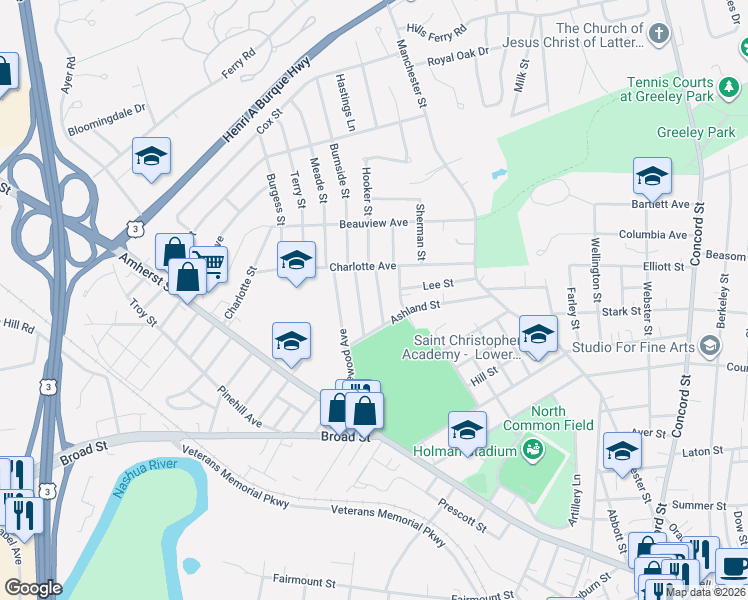 map of restaurants, bars, coffee shops, grocery stores, and more near 12 Nutting Street in Nashua
