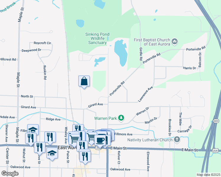 map of restaurants, bars, coffee shops, grocery stores, and more near 226 Pine Street in East Aurora