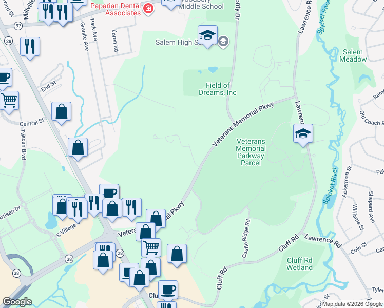 map of restaurants, bars, coffee shops, grocery stores, and more near 2 Freedom Drive in Salem