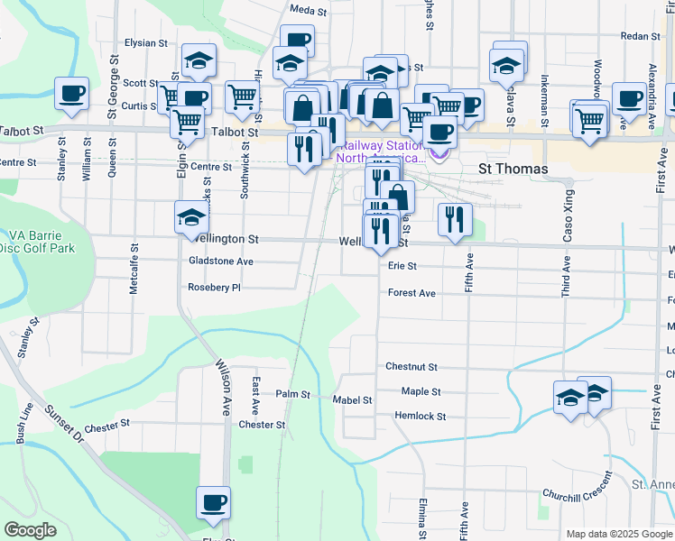map of restaurants, bars, coffee shops, grocery stores, and more near 92 Moore Street in Saint Thomas