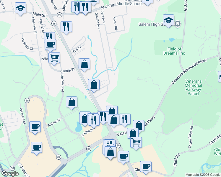 map of restaurants, bars, coffee shops, grocery stores, and more near 18 Westchester Street in Salem