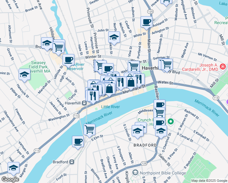 map of restaurants, bars, coffee shops, grocery stores, and more near 25 Washington Square in Haverhill