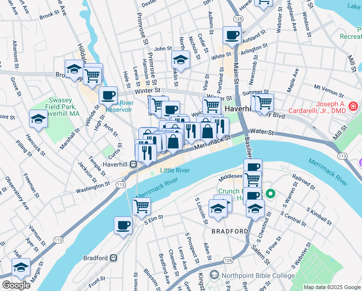 map of restaurants, bars, coffee shops, grocery stores, and more near 25 Washington Square in Haverhill