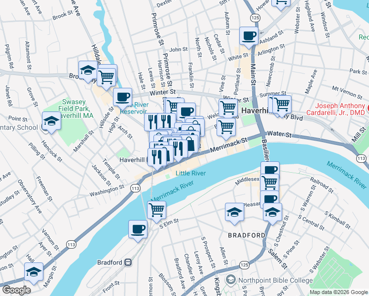 map of restaurants, bars, coffee shops, grocery stores, and more near 18 Essex Street in Haverhill