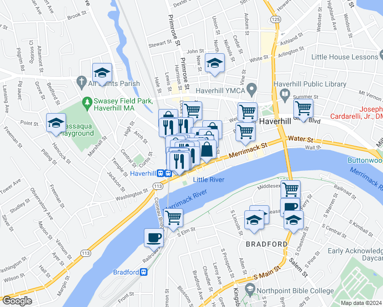 map of restaurants, bars, coffee shops, grocery stores, and more near 45 Wingate Street in Haverhill