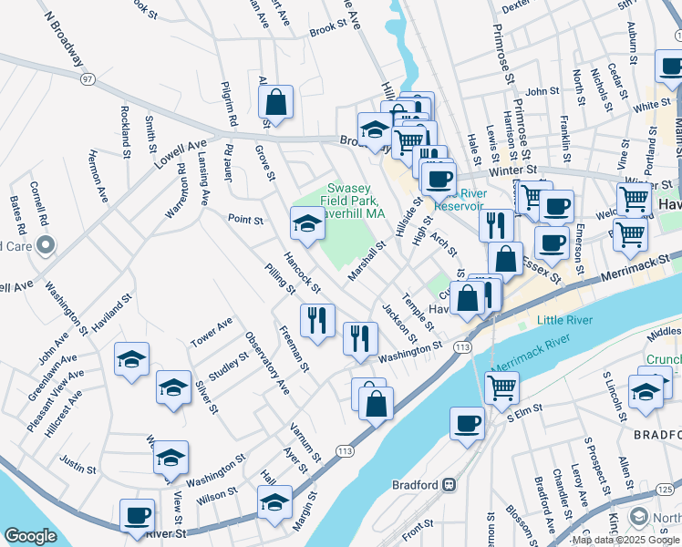 map of restaurants, bars, coffee shops, grocery stores, and more near 41 Grove Street in Haverhill