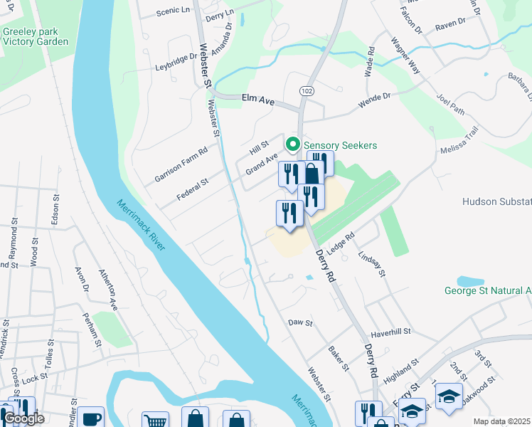 map of restaurants, bars, coffee shops, grocery stores, and more near 500 Abbott Farm Lane in Hudson
