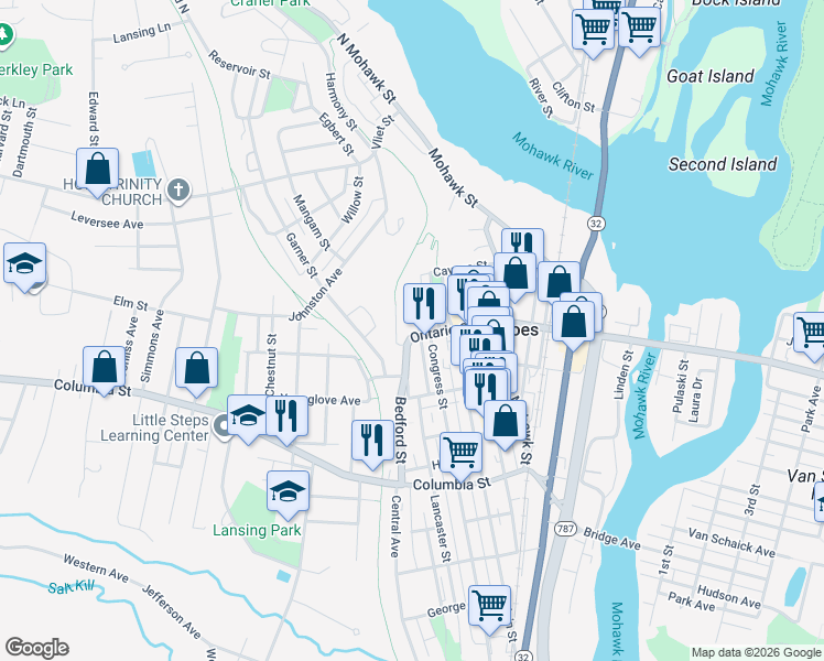 map of restaurants, bars, coffee shops, grocery stores, and more near 309 Ontario Street in Cohoes