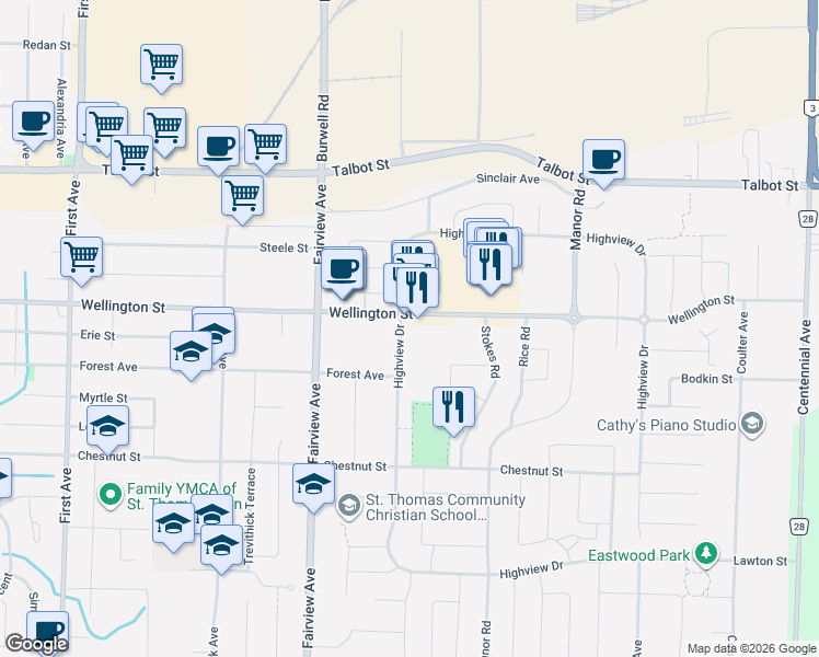 map of restaurants, bars, coffee shops, grocery stores, and more near 420 Wellington Street in St. Thomas