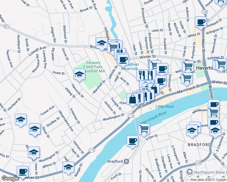 map of restaurants, bars, coffee shops, grocery stores, and more near 58 Central Street in Haverhill