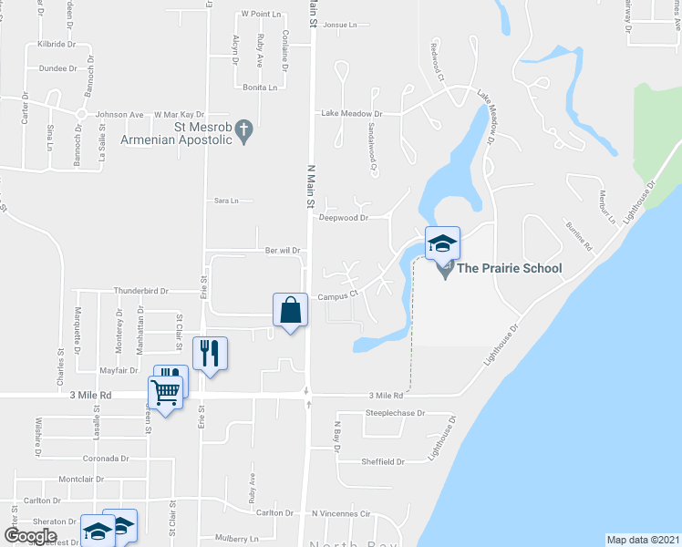 map of restaurants, bars, coffee shops, grocery stores, and more near 107 Woodfield Court in Wind Point