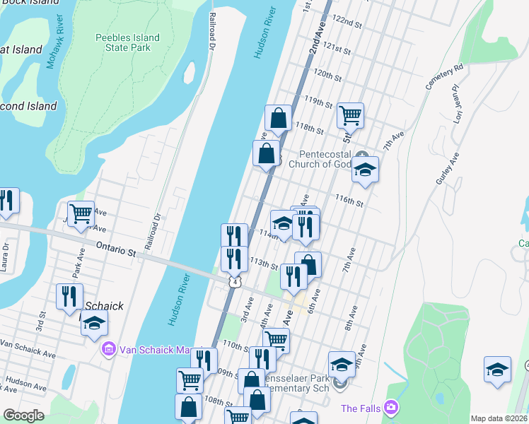 map of restaurants, bars, coffee shops, grocery stores, and more near 550 2nd Avenue in Troy