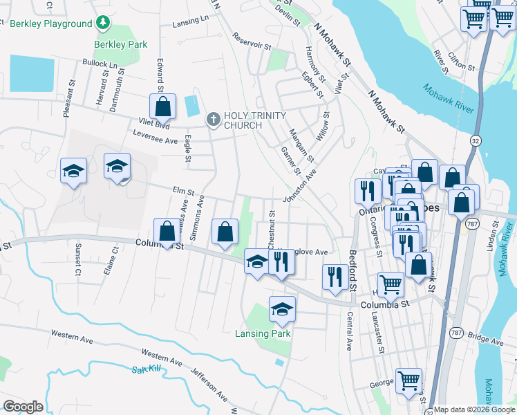 map of restaurants, bars, coffee shops, grocery stores, and more near 15 Oak Street in Cohoes