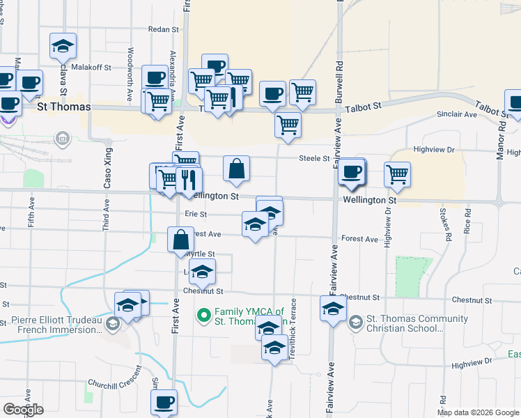 map of restaurants, bars, coffee shops, grocery stores, and more near 234 Erie Street in St. Thomas
