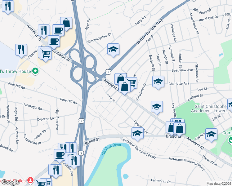 map of restaurants, bars, coffee shops, grocery stores, and more near 6 Milford St in Nashua