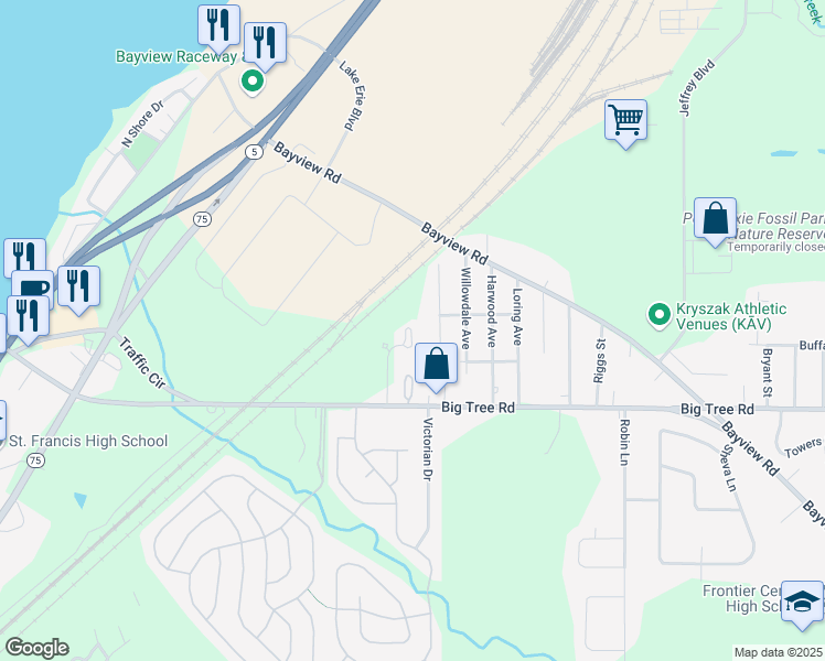map of restaurants, bars, coffee shops, grocery stores, and more near 4091 Richcrest Drive in Hamburg