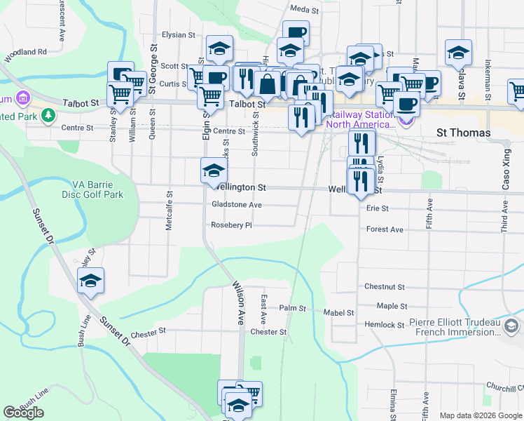 map of restaurants, bars, coffee shops, grocery stores, and more near 84 Gladstone Avenue in St. Thomas