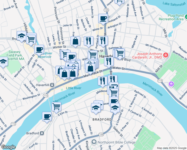map of restaurants, bars, coffee shops, grocery stores, and more near 6 Merrimack Place in Haverhill