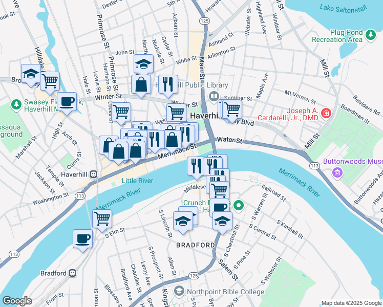 map of restaurants, bars, coffee shops, grocery stores, and more near 6 Merrimack Place in Haverhill