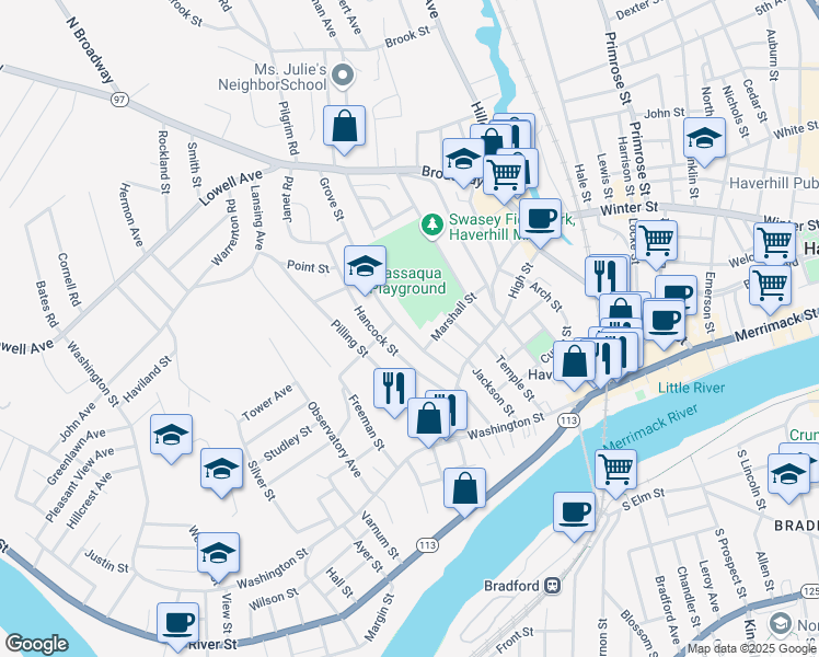 map of restaurants, bars, coffee shops, grocery stores, and more near 41 Grove Street in Haverhill