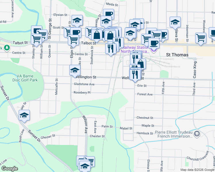 map of restaurants, bars, coffee shops, grocery stores, and more near 80 Princess Avenue in St. Thomas