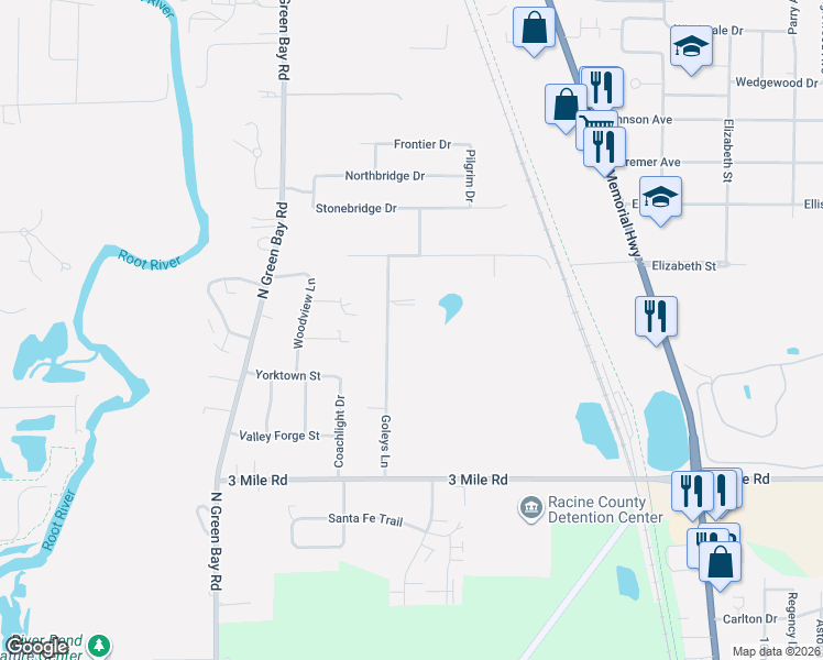 map of restaurants, bars, coffee shops, grocery stores, and more near 4241 Goleys Lane in Racine