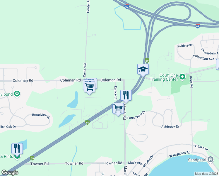 map of restaurants, bars, coffee shops, grocery stores, and more near 16678 Eunice Street in East Lansing