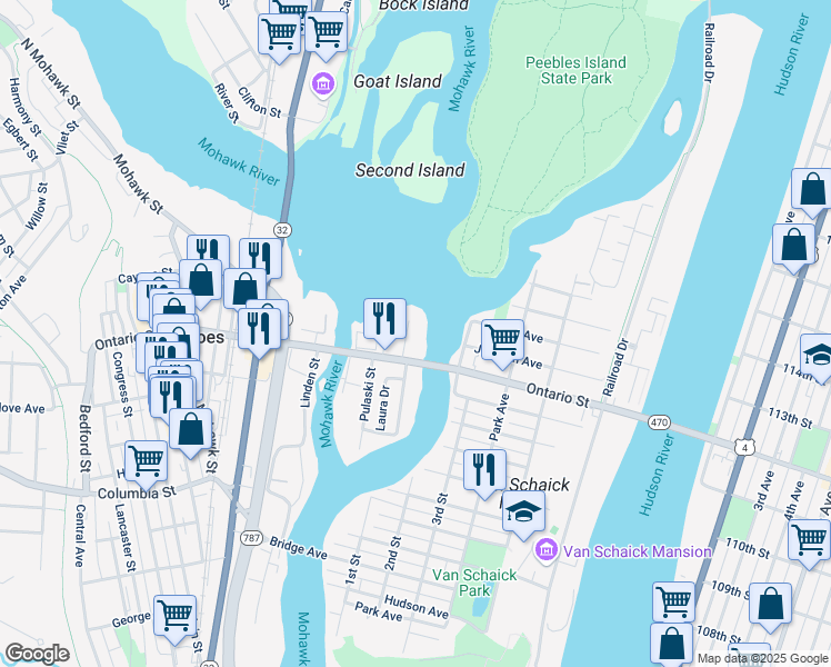 map of restaurants, bars, coffee shops, grocery stores, and more near 21 Page Avenue in Cohoes
