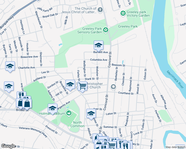map of restaurants, bars, coffee shops, grocery stores, and more near 23 Stark Street in Nashua