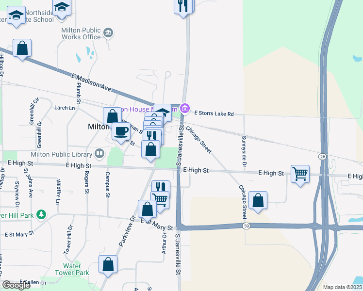 map of restaurants, bars, coffee shops, grocery stores, and more near 304 South Janesville Street in Milton