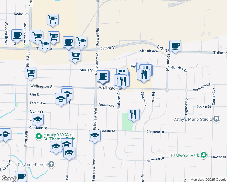 map of restaurants, bars, coffee shops, grocery stores, and more near 410 Wellington Street in Saint Thomas