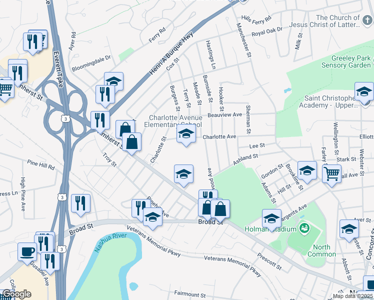 map of restaurants, bars, coffee shops, grocery stores, and more near 48 Charlotte Avenue in Nashua