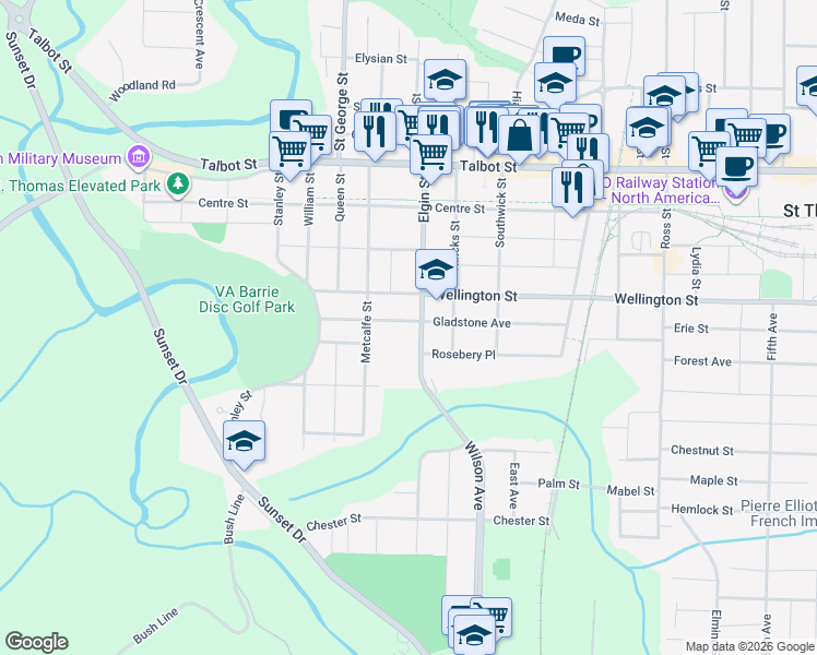 map of restaurants, bars, coffee shops, grocery stores, and more near 34 Gladstone Avenue in St. Thomas