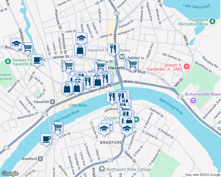 map of restaurants, bars, coffee shops, grocery stores, and more near 68 Merrimack Street in Haverhill