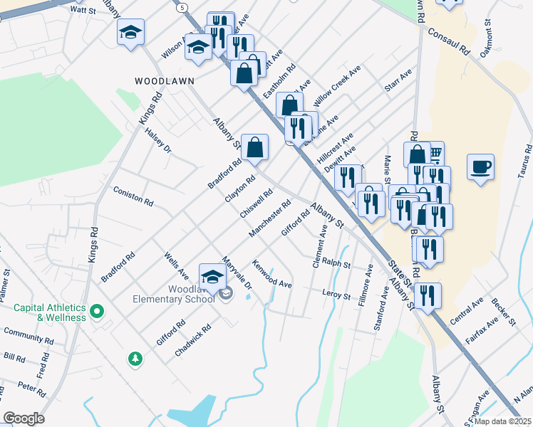 map of restaurants, bars, coffee shops, grocery stores, and more near 156 Manchester Road in Schenectady
