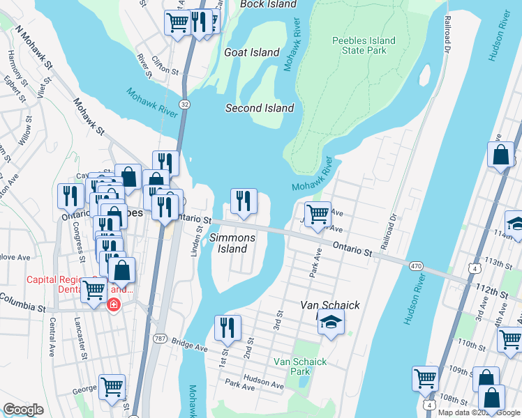 map of restaurants, bars, coffee shops, grocery stores, and more near 21 Page Avenue in Cohoes